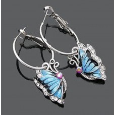 Blue Butterfly crystal silver plated Hoop Huggie Earrings